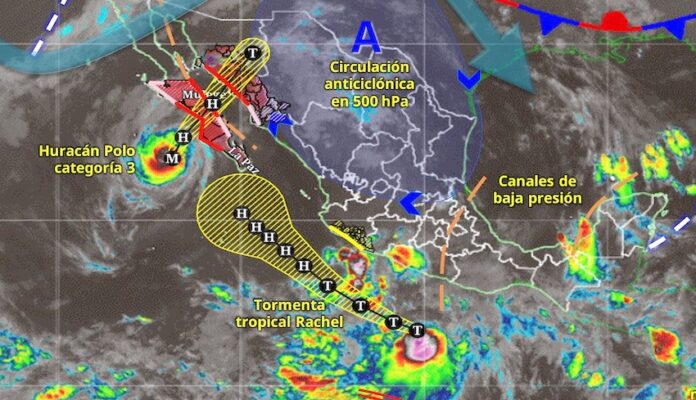 Debido al huracán Polo habrá lluvias torrenciales de BCS y Sonora; Rachel se mantiene como tormenta tropical a 370 km al sur-suroeste de Acapulco.