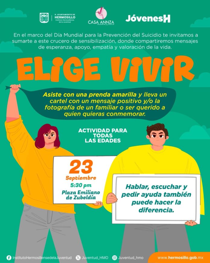Invitan a hermosillenses a sumarse al crucero “Elige Vivir” por la prevención del suicidio; será una jornada de sensibilización por la esperanza, la empatía, el apoyo y la valoración de la vida.