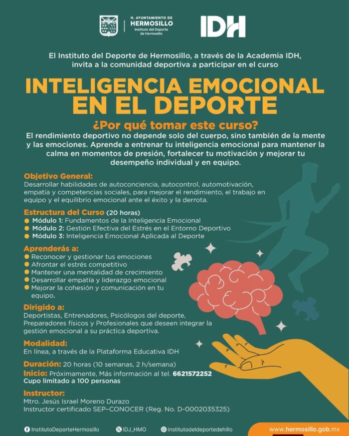 Invita Gobierno de Hermosillo al curso en línea “Inteligencia Emocional en el Deporte”; quedan pocos lugares para las y los interesados.