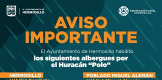 Reitera Ayuntamiento de Hermosillo disposición de albergues por efectos del huracán ‘Polo’