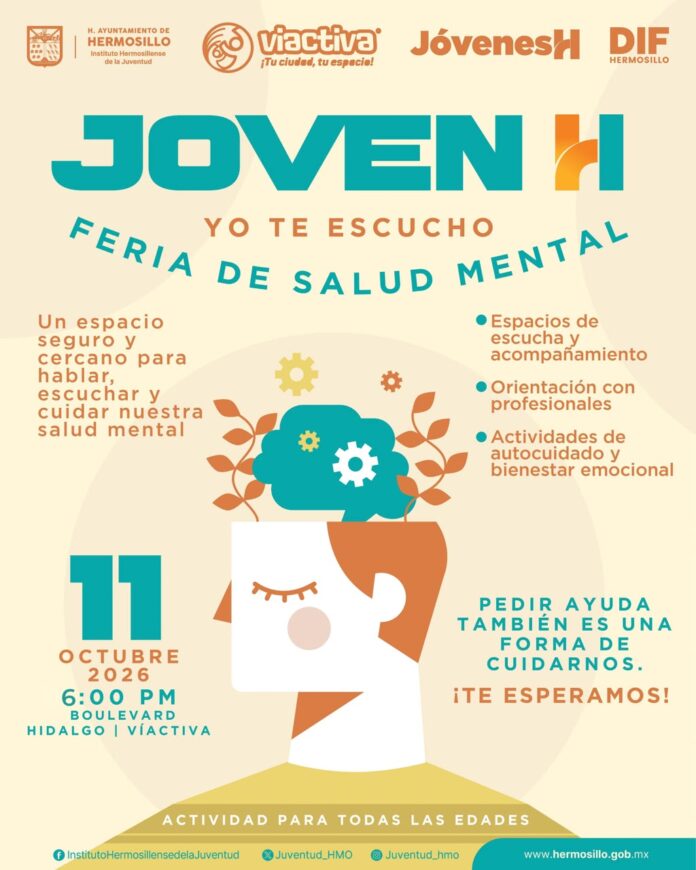 Tendrán Feria de Salud Mental Joven H: Yo Te Escucho; este domingo 11 de octubre en el bulevar Miguel Hidalgo, en el marco de Viactiva, a partir de las 6 de la tarde.