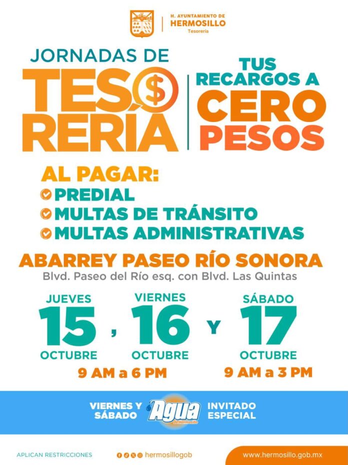 Lleva Gobierno de Hermosillo Jornadas de Tesorería con recargos a cero pesos; del jueves 15 al sábado 17 de octubre.