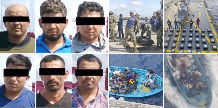 Caen 5 extranjeros y un mexicano con cargamento de cocaína, en alta mar; en una panga transportaban por el Pacífico 1.2 toneladas de la droga.