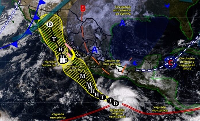 Se formó la depresión tropical Veintiuno-E en el Pacífico sur mexicano; Simon permanece como huracán categoría 1 frente a las costas de Sinaloa y Nayarit.