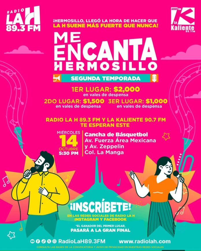 Este miércoles 14 estará concurso de canto “Me Encanta Hermosillo” en La Manga; las inscripciones están abiertas a través de las redes sociales de Radio La H en Instagram y Facebook.
